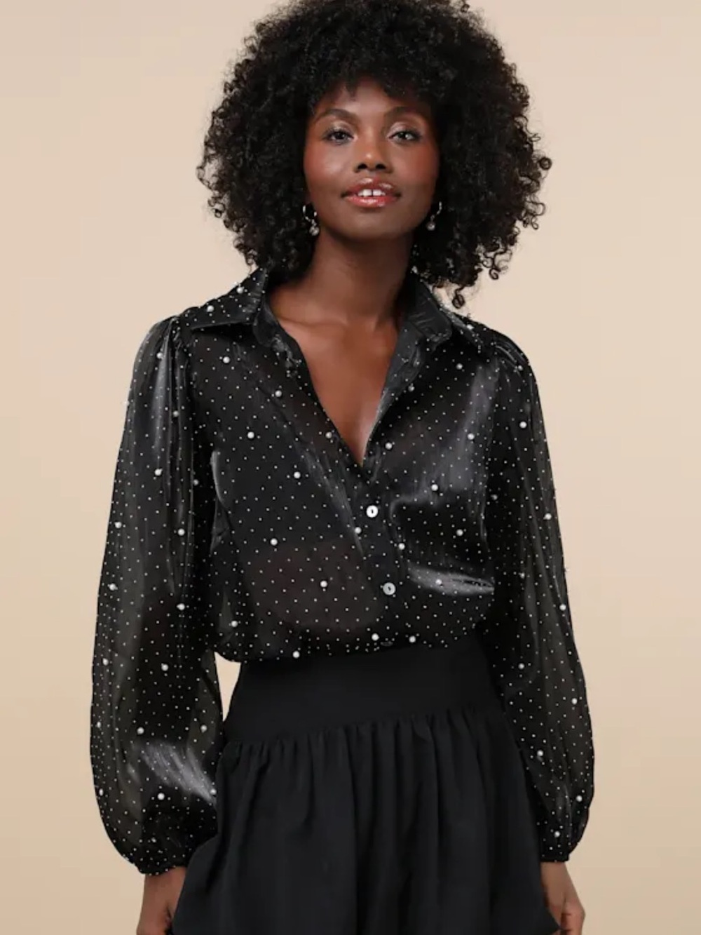 Lulus Poised Glam Black Sheer Embellished Button Up Top BRAND NEW